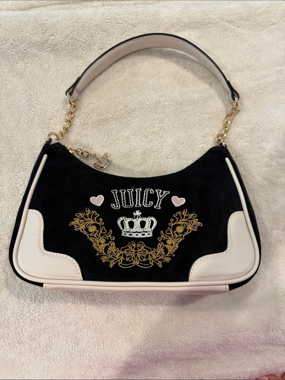 Juicy Couture Black Suede Shoulder Bag with Cream Accents